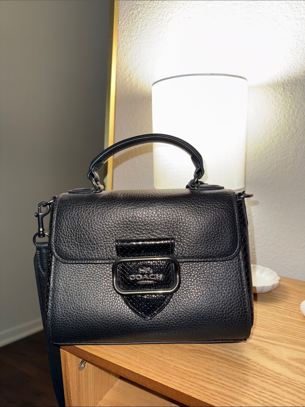 Coach Black Pebble Leather Top-Handle Satchel with Detachable Strap